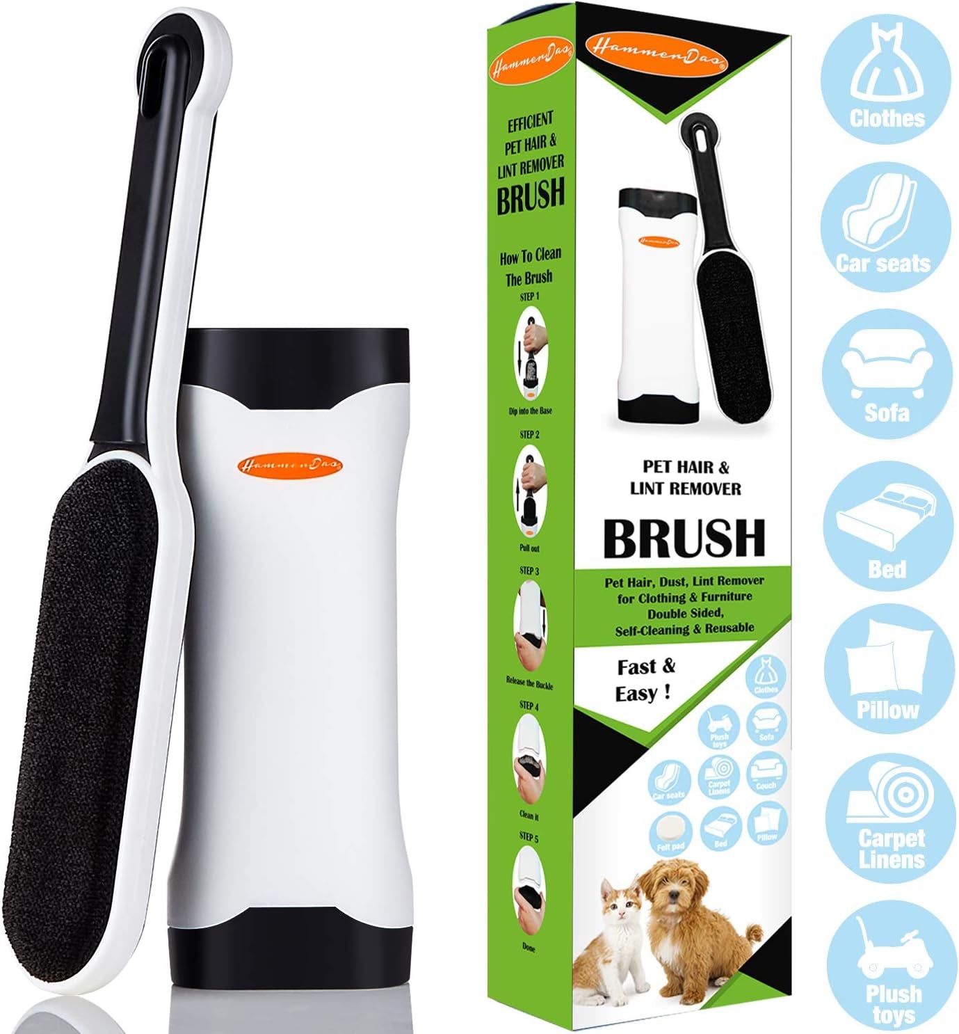 Lint Remover Pet Hair - Reusable Dog Hair My Pet Hair Remover Brush for Clothes Sturdy Handle Dog Hair Furniture Remover with Self-Cleaning Base (Upgrade Version Black)